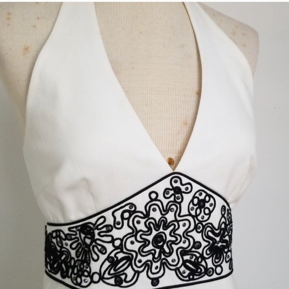 David Meister Ivory Black Embroidered Halter Dress - Picture 3 of 6
